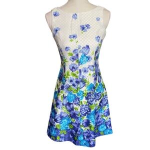 KATHERINE KELLY Women’s White Blue Floral Sleeveless Mini Dress Size 2